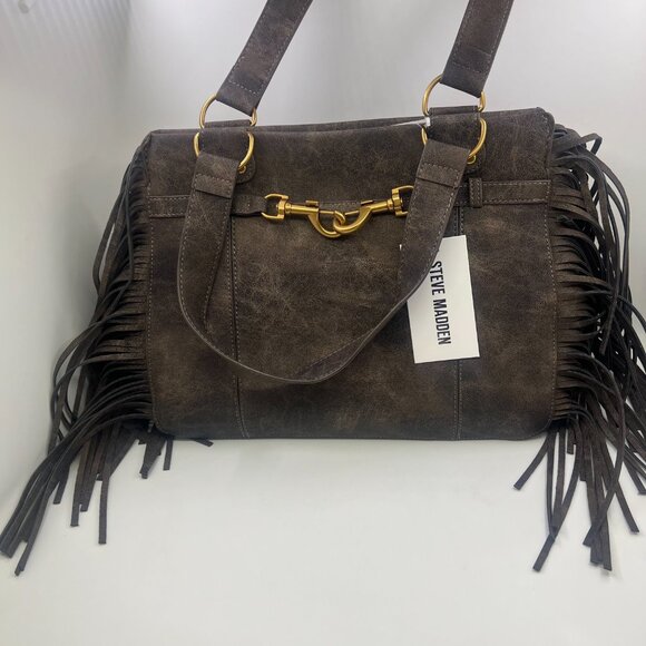 Steve Madden Boho Fringe Shoulder Bag Western Style Tote Purse NWT Brown Tan - Picture 8 of 13